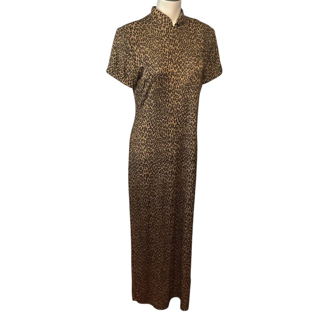 vtg JESSICA HOWARD sz Medium Long Dress Slinky Sexy Back Zip Slit Animal Print
